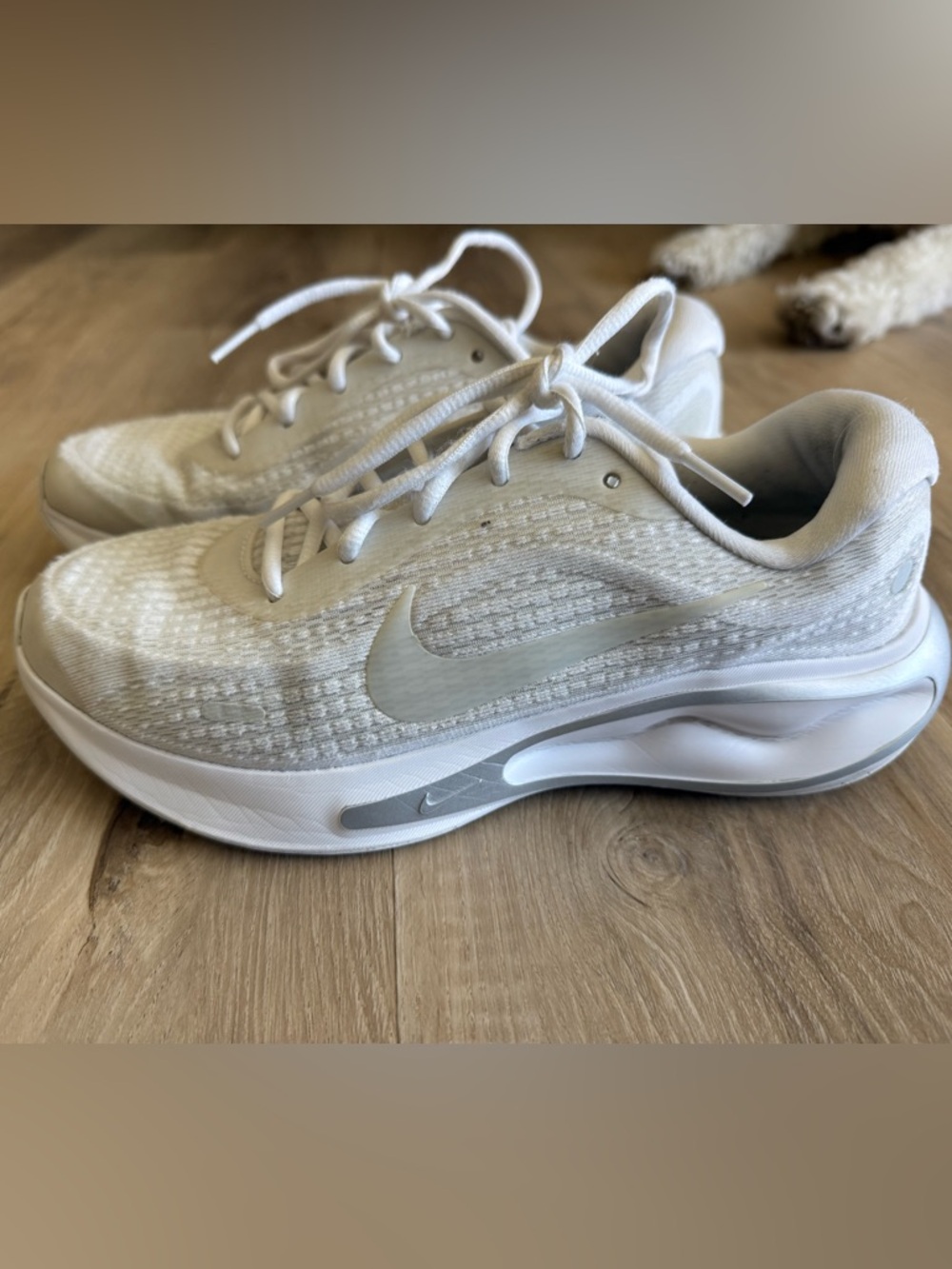 Nike White Knit Running Shoes with Silver Swoosh
